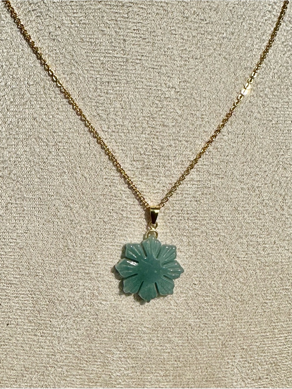 Gold Chain Necklace with Green Burmese Jade Sun/ Floral Pendant